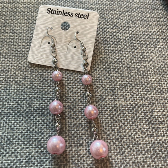 Stainless Steel Pink Dangle Earrings - Picture 2 of 2